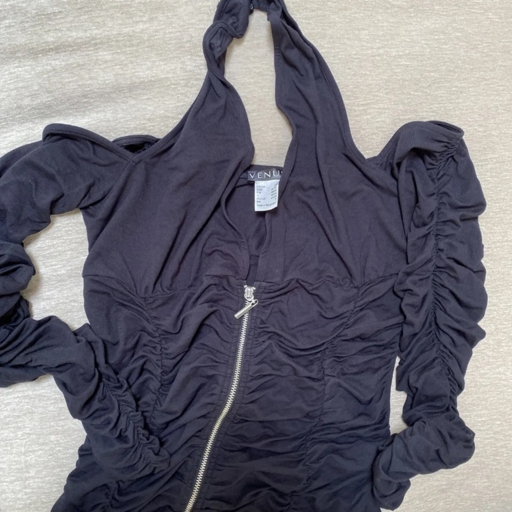 Venus Ruched Top Zippered Halter Long Sleeve Sexy Black New Size Small - Picture 6 of 8